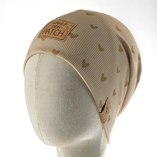 leichte Long-Beanie • Herzen beige
