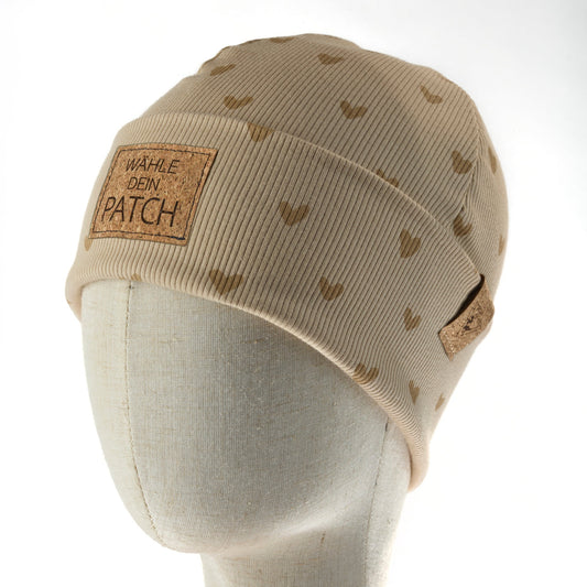 leichte Hipster-Beanie • Herzen beige